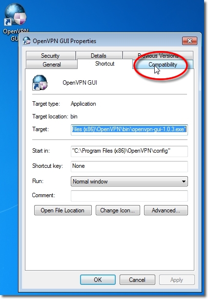Setting up OpenVPN on Windows 7 - Part 10 - Click Compatibility