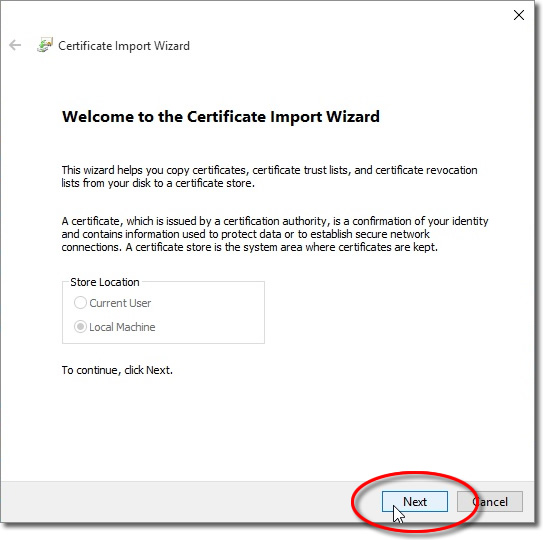 Certificate import wizard
