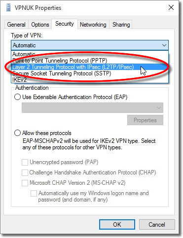 Security settings and L2TP type selection
