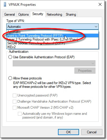 Select PPTP VPN type