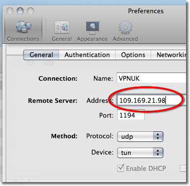 Edit server address in Viscosity General tab