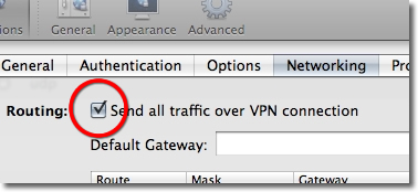 Enable Send all traffic over VPN in Viscosity Networking tab